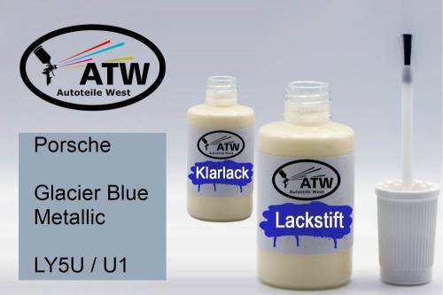 Porsche, Glacier Blue Metallic, LY5U / U1: 20ml Lackstift + 20ml Klarlack - Set, von ATW Autoteile West.